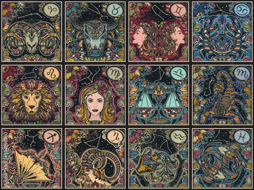 Beautiful colorful square cards with zodiac signs and flowers in ornate victorian style. Seamless pattern. © natality