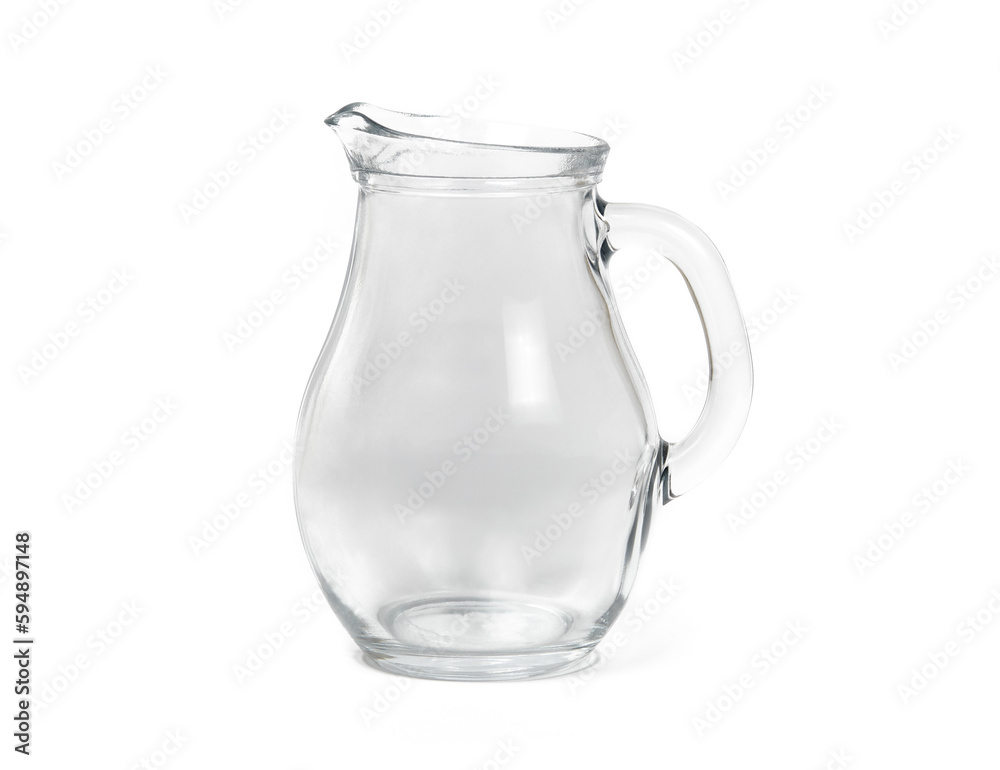 Side view of glass water jug on white background. Space for text, for advertising, menu and printed materials Side view of glass water jug on white background. Space for text, for advertising, menu and printed materials