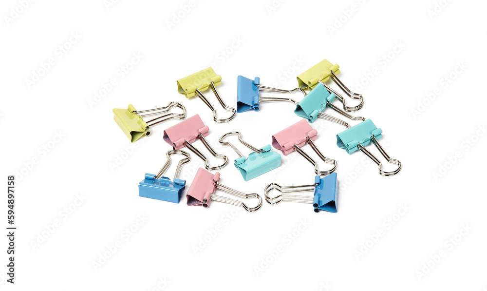 Multicolor binder clips isolated white background. Heap of color stationery clips