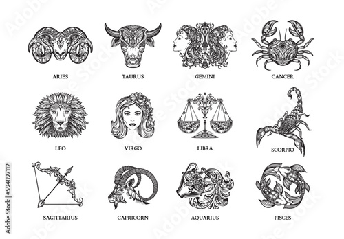 Vector collection of black and white hand drawn zodiac signs