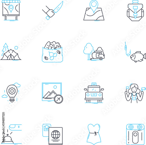 Adventure trips linear icons set. Expedition, Safari, Trekking, Exploration, Rafting, Climbing, Hiking line vector and concept signs. Canoeing,Mountaineering,Adventure outline illustrations