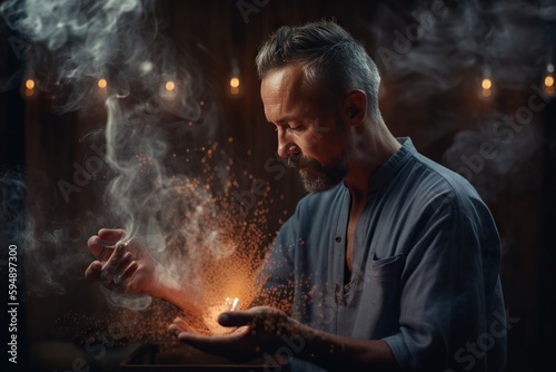 A Man Holding A Lit Candle In His Hands With Smoke Coming Out Of It Workshop Advertising Photography Woodworking Generative AI