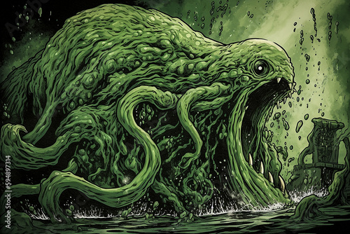 Slimy Green Comic Book Monster. Generative AI.
A digital drawing of a slimy green monster in a comic book or a graphic novel art style.