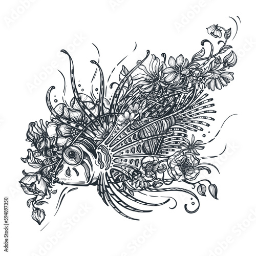 Photography Vector hand drawn black and white illustration of beautiful ornate lionfish and