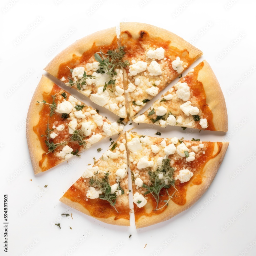 Feta Cheese pizza Top View Isolated on White. Generative AI Feta Cheese pizza Top View Isolated on White. Generative AI
