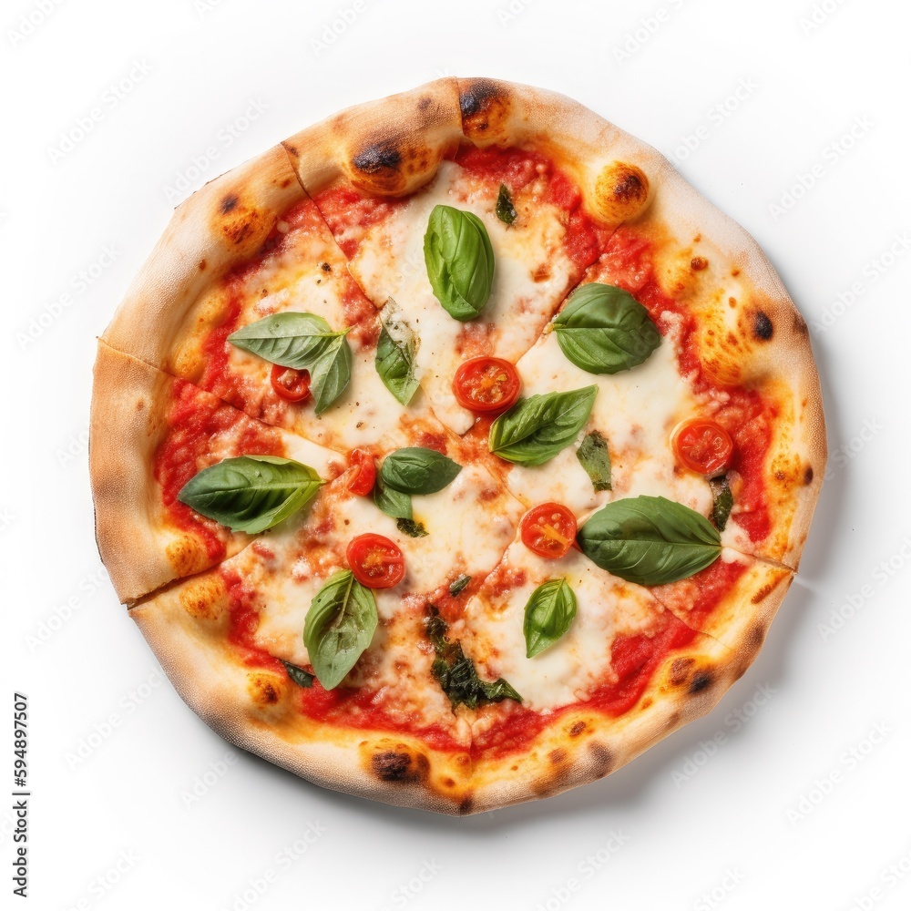 Margherita pizza Top View Isolated on White. Generative AI