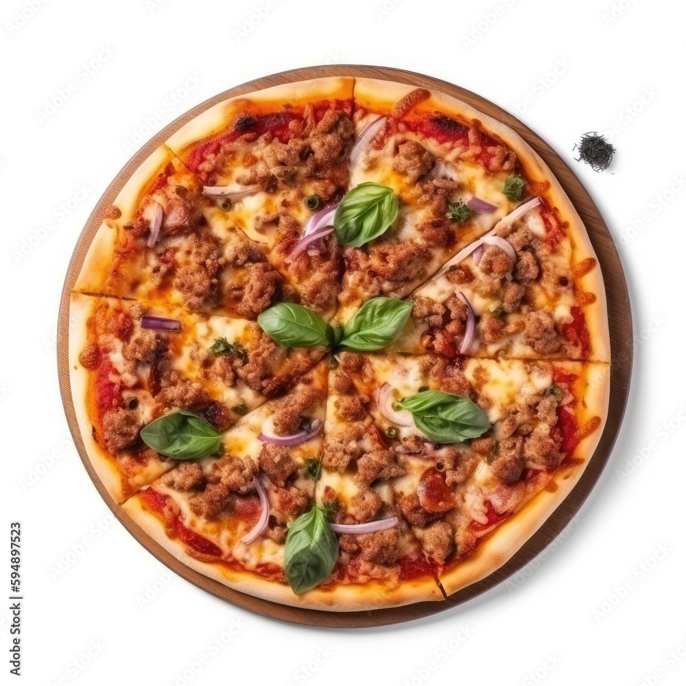 Sausage pizza Top View Isolated on White. Generative AI