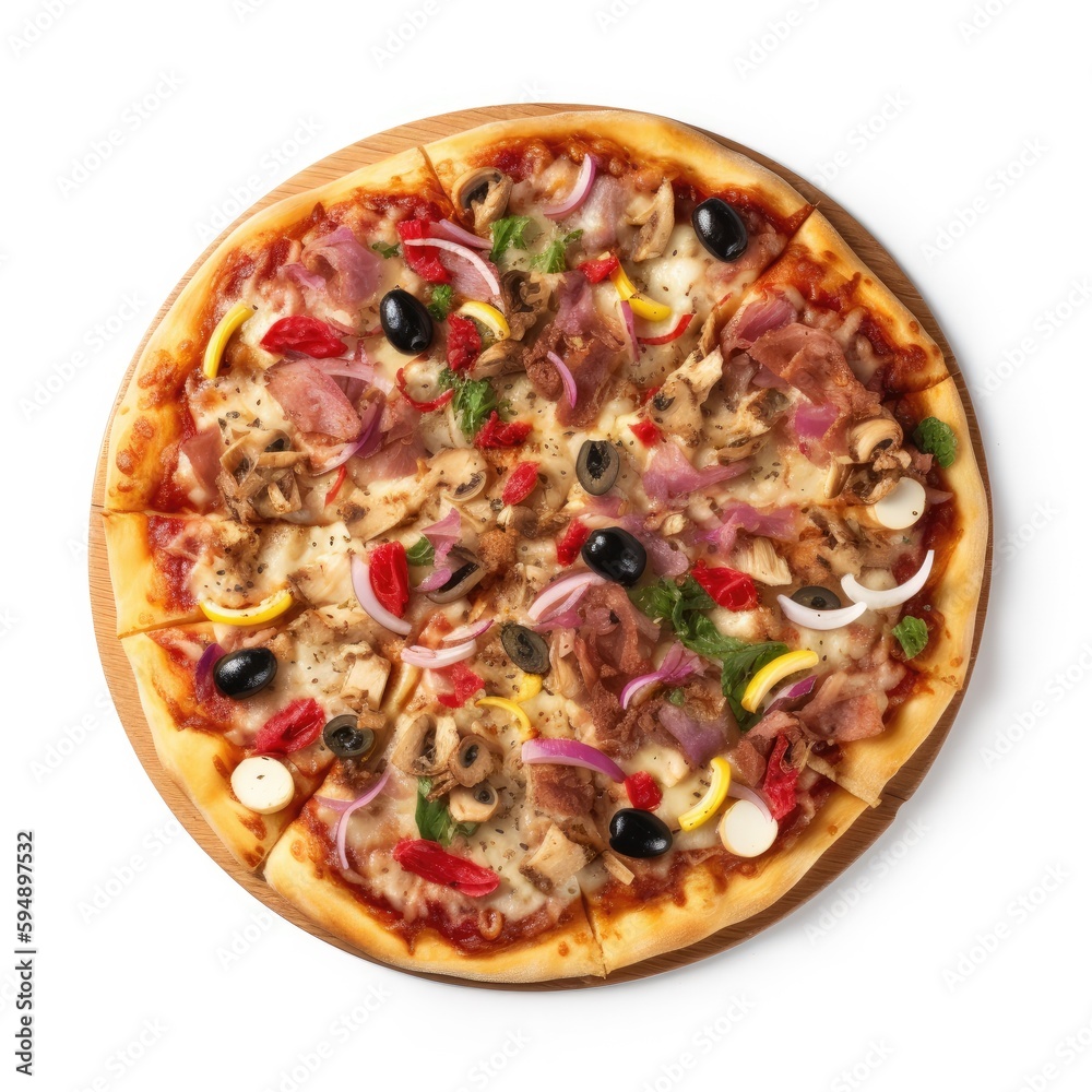 Supreme pizza Top View Isolated on White. Generative AI Supreme pizza Top View Isolated on White. Generative AI