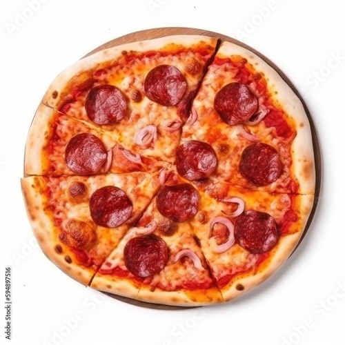 Pepperoni pizza Top View Isolated on White. Generative AI