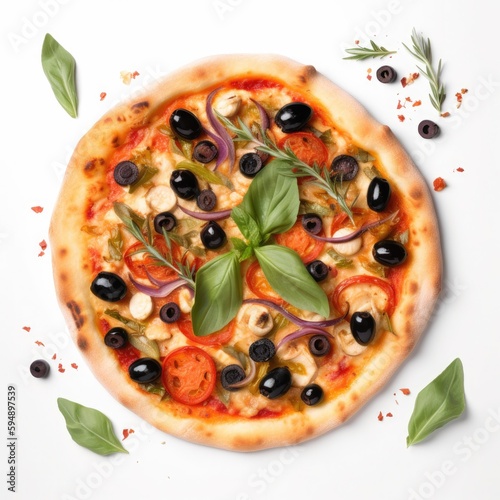 Mediterranean pizza Top View Isolated on White. Generative AI
