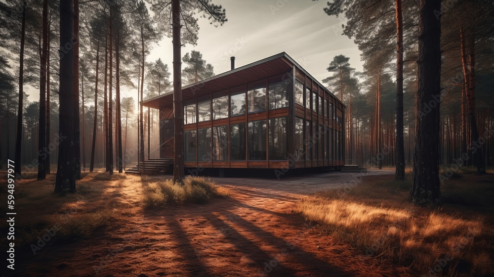Modern small wooden house in the Scandinavian style barnhouse, with a metal roof in forest. AI generated