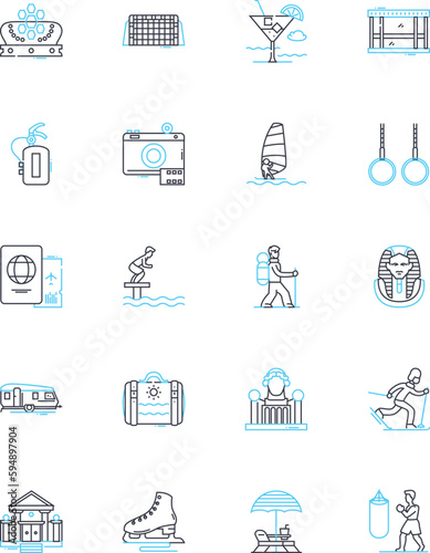 Recreational endeavors linear icons set. Adventure, Exploration, Camping, Hiking, Boating, Fishing, Hunting line vector and concept signs. Skiing,Snowboarding,Cycling outline illustrations