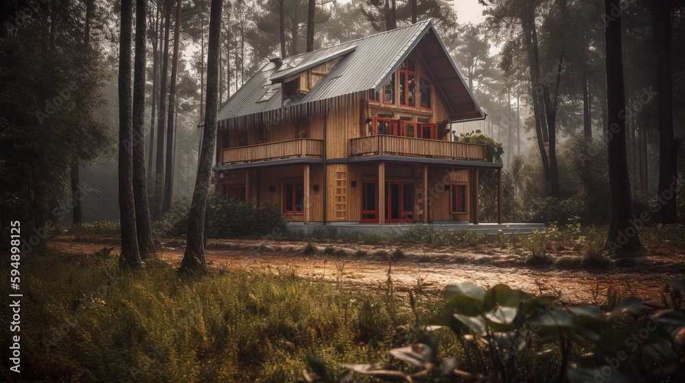 Modern small wooden house in the Scandinavian style barnhouse, with a metal roof in forest. AI generated Modern small wooden house in the Scandinavian style barnhouse, with a metal roof in forest. AI generated