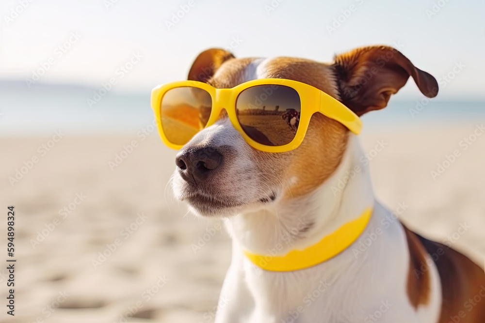Jack Russell dog with yellow sunglasses on a beach. AI generative.