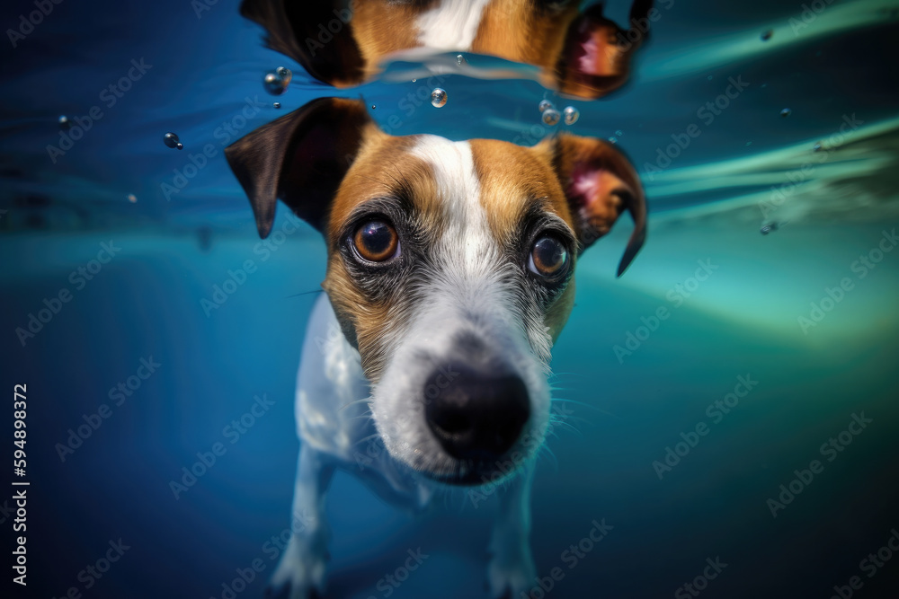Jack Russell dog into the water.AI generative.