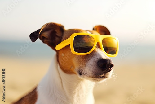 Jack Russell dog with yellow sunglasses on a beach. AI generative. © chandlervid85