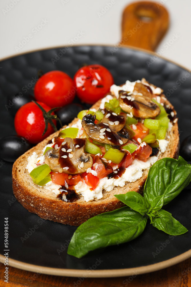 Toast with tasty grilled vegetables, concept of delicious appetizer