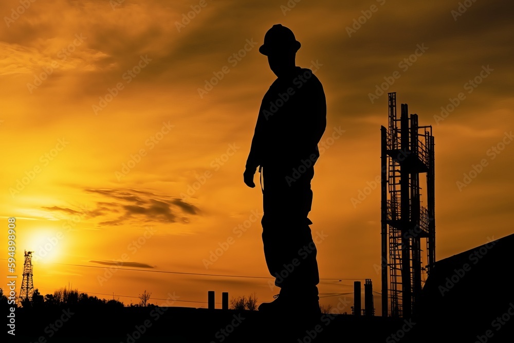 silhouette of construction worker in evening with sunlight. For may day and presentation background.  Generative Ai