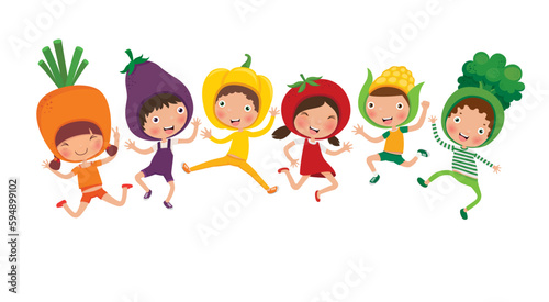 illustration of kids and vegetables, healthy food for children cartoon vector, nutrition for kids