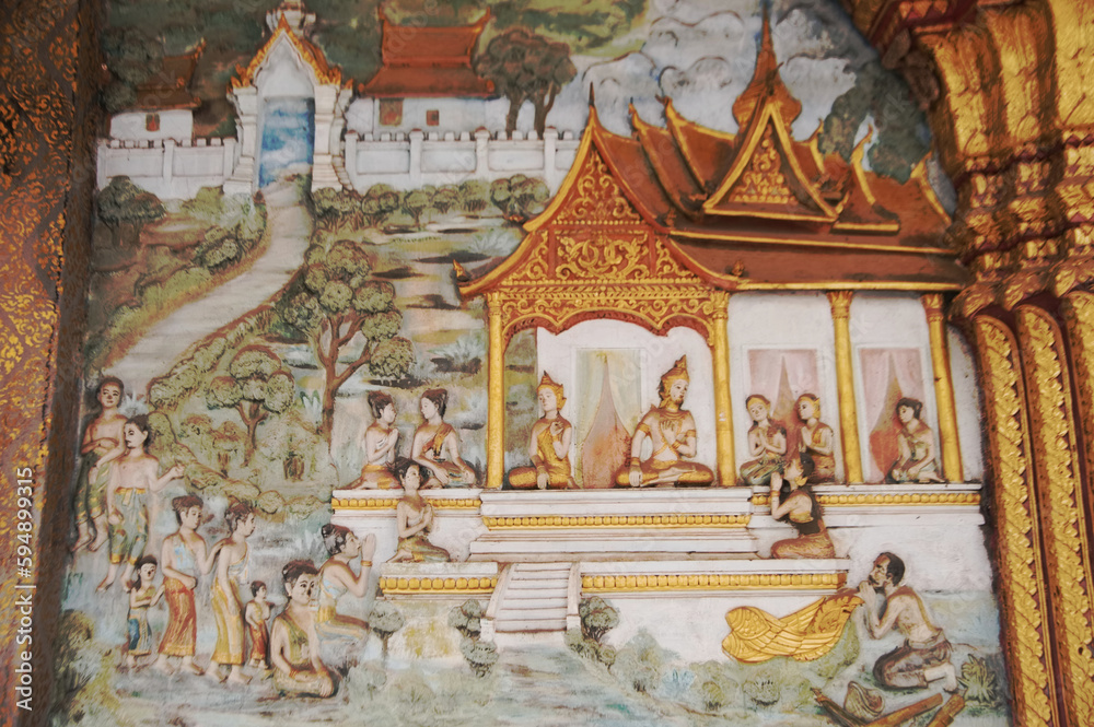 Beautiful Stucco on the Sim or Church architecture of Lan Xang style, there is a mural at Wat Mahathat or Wat That Noi 