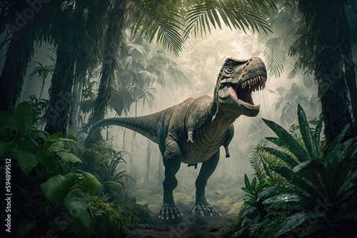 tyrannosaurus rex in prehistoric jungle, surrounded by tropical plants and animals, created with generative ai