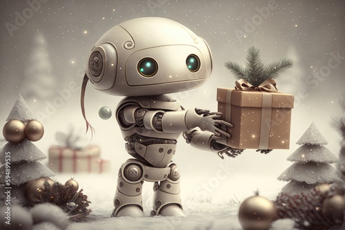 christmas setting with cute robot holding gift box and mistletoe in the background, created with generative ai photo