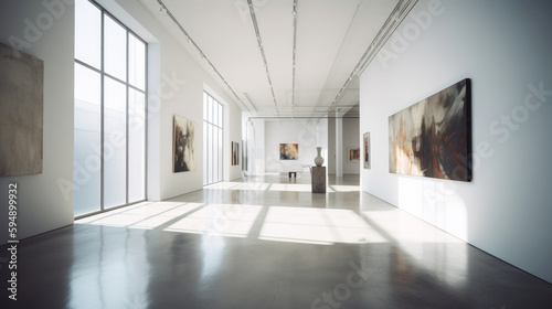 A modern art gallery white walls and polished concrete, Generative AI