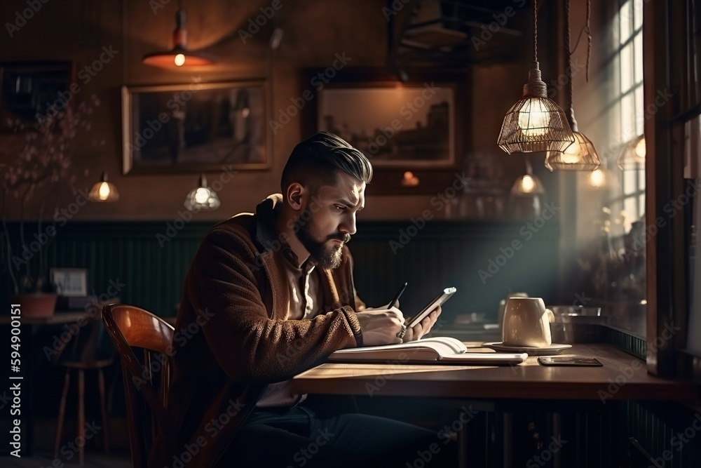 A Man Sitting At A Table Using A Cell Phone And Writing Coffee Shop Advertising Photography Business Writing Generative AI A Man Sitting At A Table Using A Cell Phone And Writing Coffee Shop Advertising Photography Business Writing Generative AI