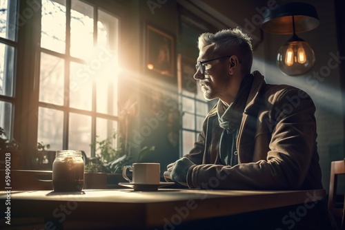 A Man Sitting At A Table With A Cup Of Coffee In Front Of Him Coffee Shop Advertising Photography Retirement Planning Generative AI