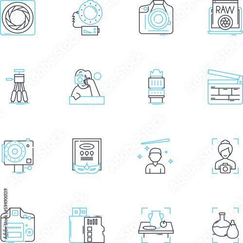 Advertising photography linear icons set. Creative, Compelling, Conceptual, Bold, Dynamic, Vibrant, Sharp line vector and concept signs. Eye-catching,Innovative,Professional outline illustrations