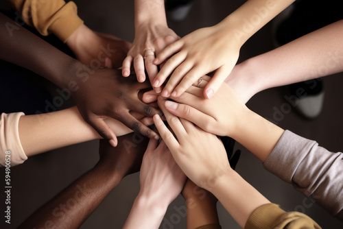 a group of people holding hands together in a circle. Generative Ai