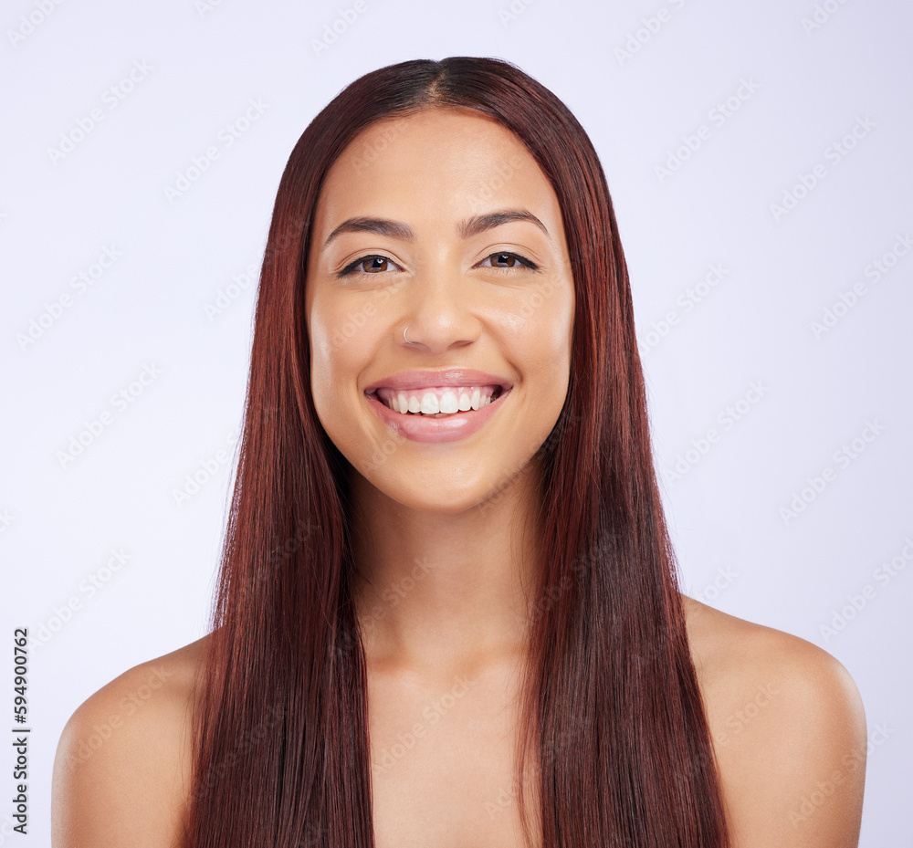 Hair care, beauty and portrait of woman with smile, straight haircut and luxury salon shine isolated on white background. Haircare, color and happiness, happy face of Brazilian model in studio mockup