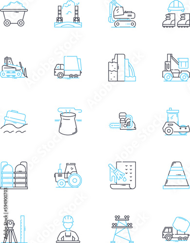 Chemical Plant linear icons set. Reactors, Piping, Distillation, Chemicals, Production, Catalysts, Refinery line vector and concept signs. Petrochemicals,Synthesis,Carbon outline illustrations