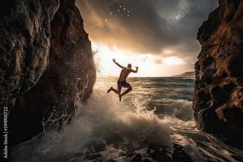 A Man Jumping Off A Cliff Into The Ocean From A Cliff Natural Hot Springs Travel Photography Freedom Generative AI