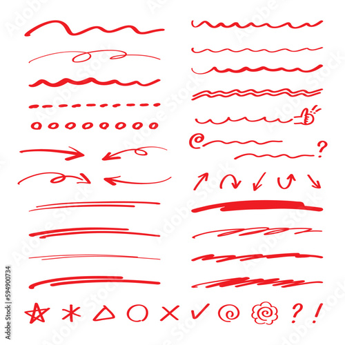 Set of icons with red pen handwriting lines and arrows／赤ペンの手書き線と矢印とアイコンのセット