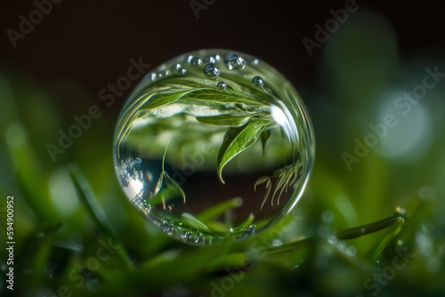 a drop of water on top of a lush green field, macro photography, photorealism, glass ball inside. Generative Ai