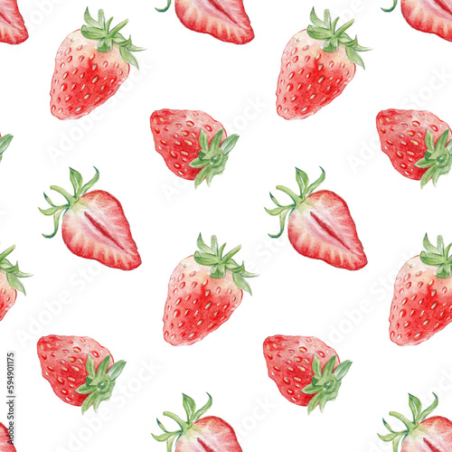 Fototapeta Naklejka Na Ścianę i Meble -  Watercolor seamless pattern with strawberries