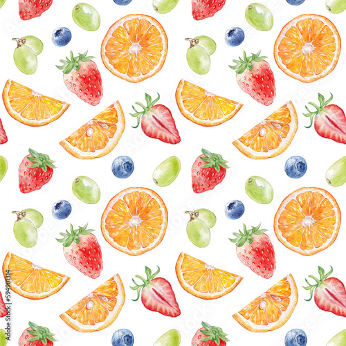 Watercolor seamless pattern with summer fruits and berries 