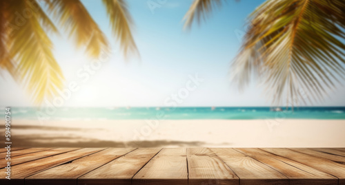 Wooden Table Top with Blurred Blue Sea and White Sand Tropical Beach with Palms background. Empty Space for Product Display. Summer Holiday Background Banner. Generative AI.