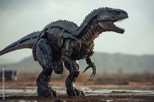 cyber raptor is standing up on the desert after rain rear view. Generative AI