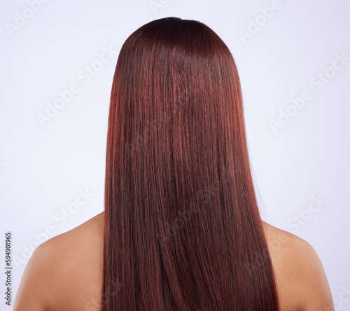Back of woman, smooth hair and beauty of shine, color dye and wig extension on studio background. Female model, head and scalp at hairdresser for healthy texture, growth shampoo and salon aesthetics