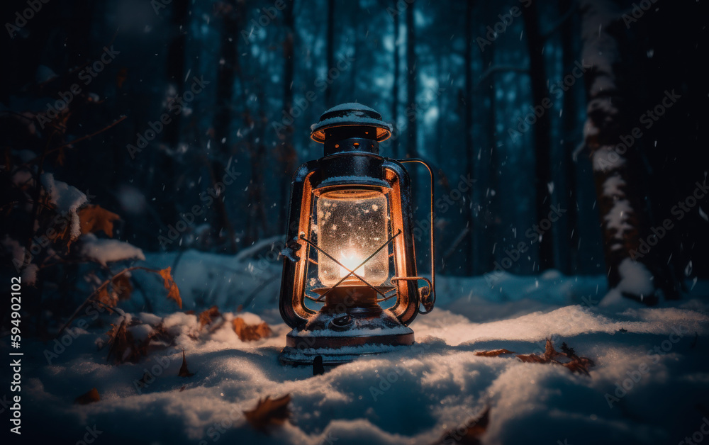 Burning vintage lantern in winter night forest. Generative AI
