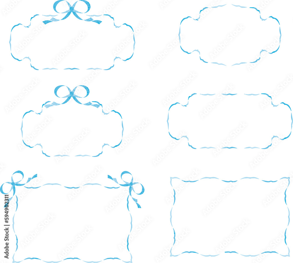 Fototapeta premium 水彩 リボン エレガント フレーム 額 アンティーク ビンテージ 飾り枠 イラスト素材セット 水色