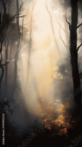 A mystical forest at dawn misty fog hanging over, Generative AI