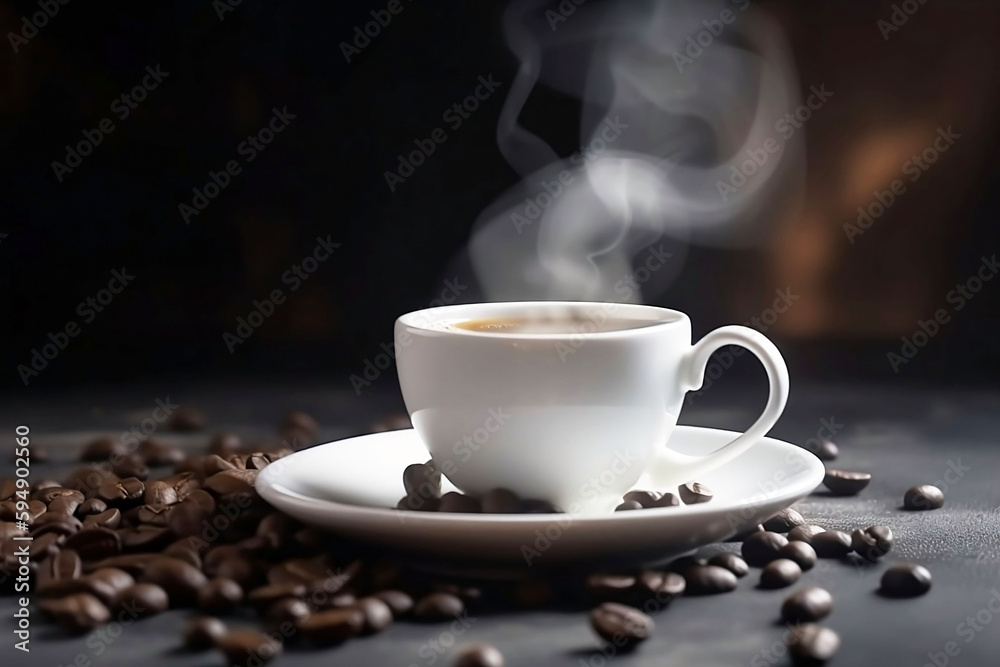 White Coffee Cup with Coffee Beans on Table. Top View Concept White Coffee Cup with Coffee Beans on Table. Top View Concept