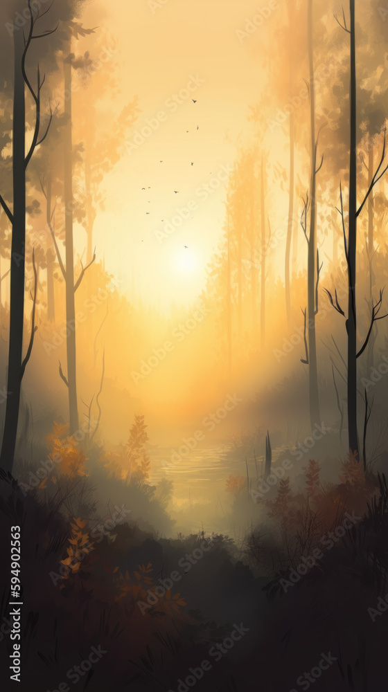 A mystical forest at dawn misty fog hanging over, Generative AI A mystical forest at dawn misty fog hanging over, Generative AI