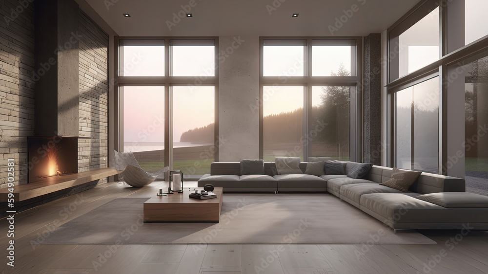 Fototapeta premium A oceanfront living room with a panoramic view of the water, surrounded by floor-to-ceiling windows and adorned with a cozy fireplace, photorealistic illustration, Generative AI