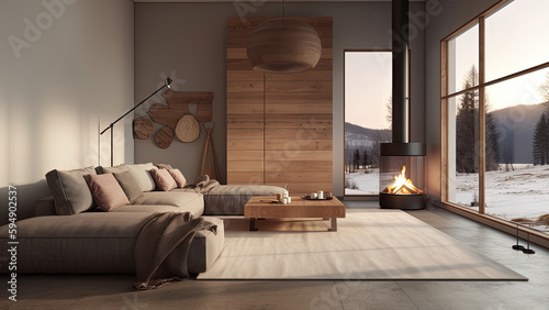 A sunlit and cozy living room surrounded by windows with a winter mountain view, featuring a fireplace and natural wood furniture, photorealistic illustration, Generative AI