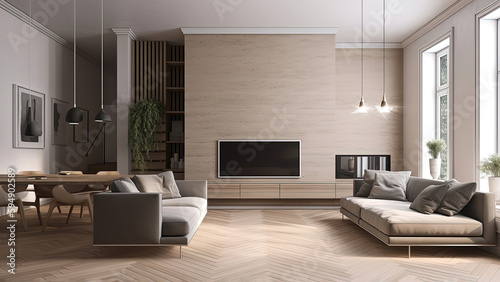A sunlit living room with high ceilings, large windows, and a minimalistic interior accentuated by a warm wood floor, photorealistic illustration, Generative AI © DIMENSIONS