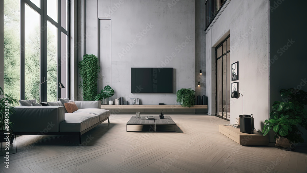 Fototapeta premium A sunlit loft with a minimalistic concrete interior, high ceiling, floor-to-ceiling windows, and plenty of green plants, photorealistic illustration, Generative AI